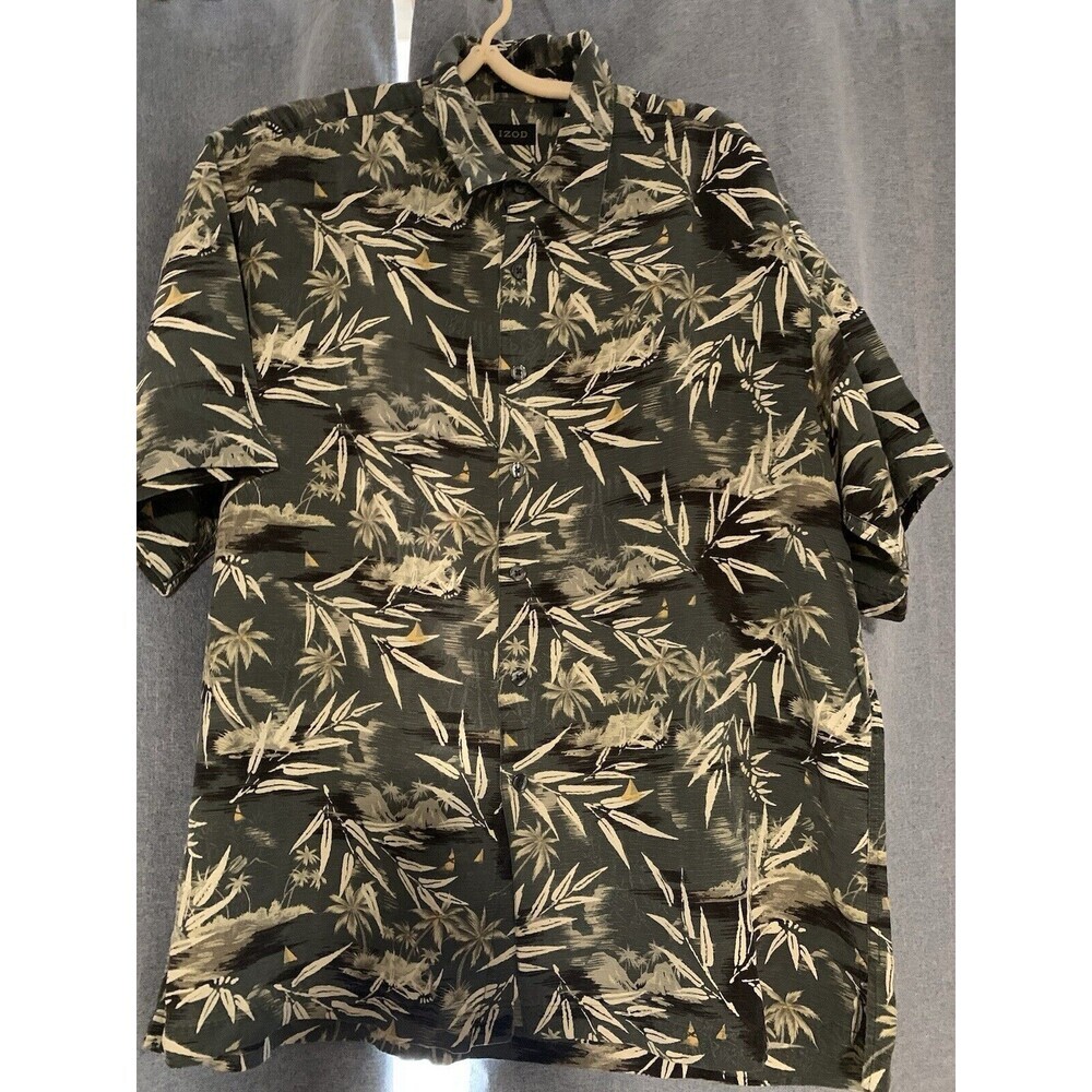 Izod Shirt Mens L Green‎ Washable Silk Button Up Short Sleeve Hawaiian Island
